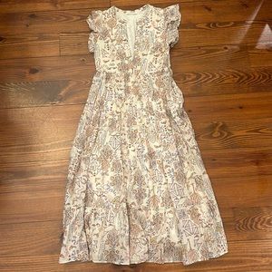 Patterned Tiered Midi Dress w Button neckline and ruffle sleeves